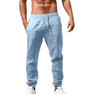 Pantalon Lin Homme Taille Elastique Été Pas Cher Pantalon Coton Lin pour Homme Plage Sport Casual Yoga Toile Pants de Travail Léger Décontracté Coupe Droite avec Cordon de Serrage Poches(01 Bleu Ciel)