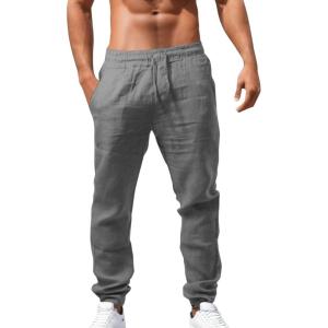 Pantalon Lin Homme Taille Elastique Été Pas Cher Pantalon Coton Lin pour Homme Plage Sport Casual Yoga Toile Pants de Travail Léger Décontracté Coupe Droite avec Cordon de Serrage Poches(01 Gris)