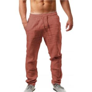 Pantalon Lin Homme Taille Elastique Été Pas Cher Pantalon Coton Lin pour Homme Plage Sport Casual Yoga Toile Pants de Travail Léger Décontracté Coupe Droite avec Cordon de Serrage Poches(02 Rouge)