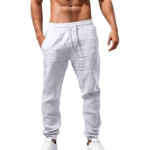 Pantalon Lin Homme Taille Elastique Été Pas Cher Pantalon Coton Lin pour Homme Plage Sport Casual Yoga Toile Pants de Travail Léger Décontracté Coupe Droite avec Cordon de Serrage Poches(01 Blanc)