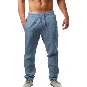 Pantalon Lin Homme Taille Elastique Été Pas Cher Pantalon Coton Lin pour Homme Plage Sport Casual Yoga Toile Pants de Travail Léger Décontracté Coupe Droite avec Cordon de Serrage Poches(02 Bleu02)