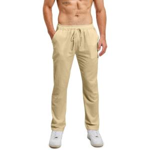 Pantalon de Yoga d&rsquo;été en Lin pour Hommes avec Cordon de Serrage, Pantalon Coton Lin Homme, Pantalon Long Décontracté et Léger.(A1 – Kaki-02)