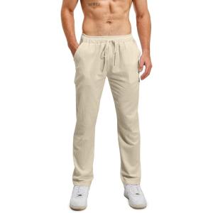 Pantalon de Yoga d&rsquo;été en Lin pour Hommes avec Cordon de Serrage, Pantalon Coton Lin Homme, Pantalon Long Décontracté et Léger.(A2 – Kaki-01)