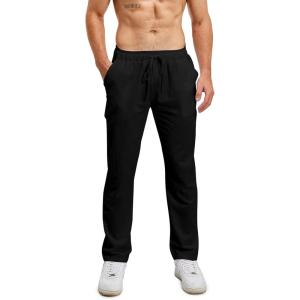 Pantalon de Yoga d&rsquo;été en Lin pour Hommes avec Cordon de Serrage, Pantalon Coton Lin Homme, Pantalon Long Décontracté et Léger.(A4 – Noir)