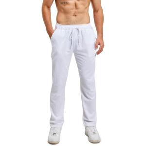 Pantalon de Yoga d&rsquo;été en Lin pour Hommes avec Cordon de Serrage, Pantalon Coton Lin Homme, Pantalon Long Décontracté et Léger.(A5 – Blanc)