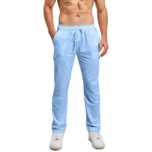 Pantalon de Yoga d&rsquo;été en Lin pour Hommes avec Cordon de Serrage, Pantalon Coton Lin Homme, Pantalon Long Décontracté et Léger.(A7 – Blau)