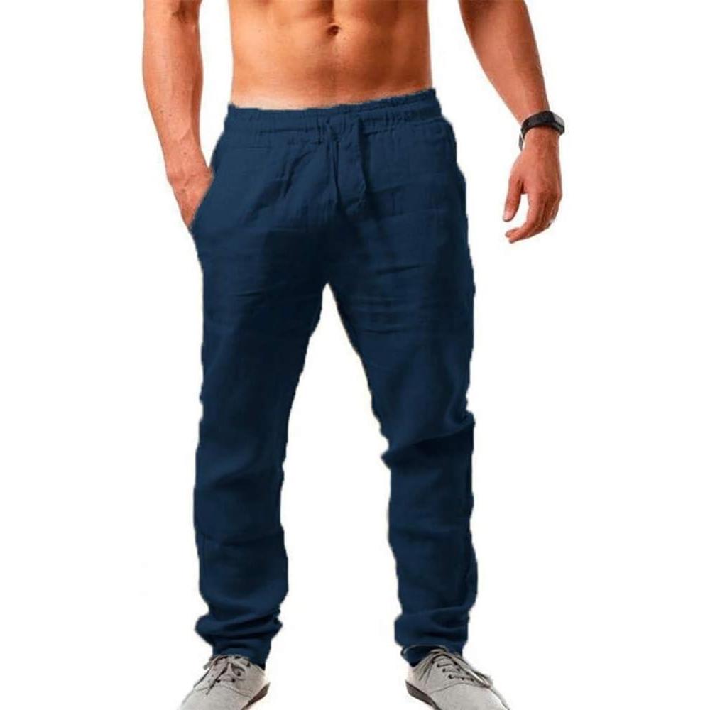 imageMorwenVeo Pantalon dcontract en lin pour homme avec cordon de serrage  Pantalon dt lger et ample  Taille lastiqueBleu Marine