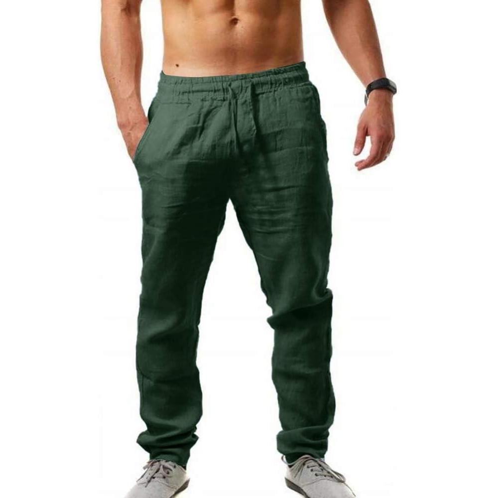 imageMorwenVeo Pantalon dcontract en lin pour homme avec cordon de serrage  Pantalon dt lger et ample  Taille lastiqueVert Fonc