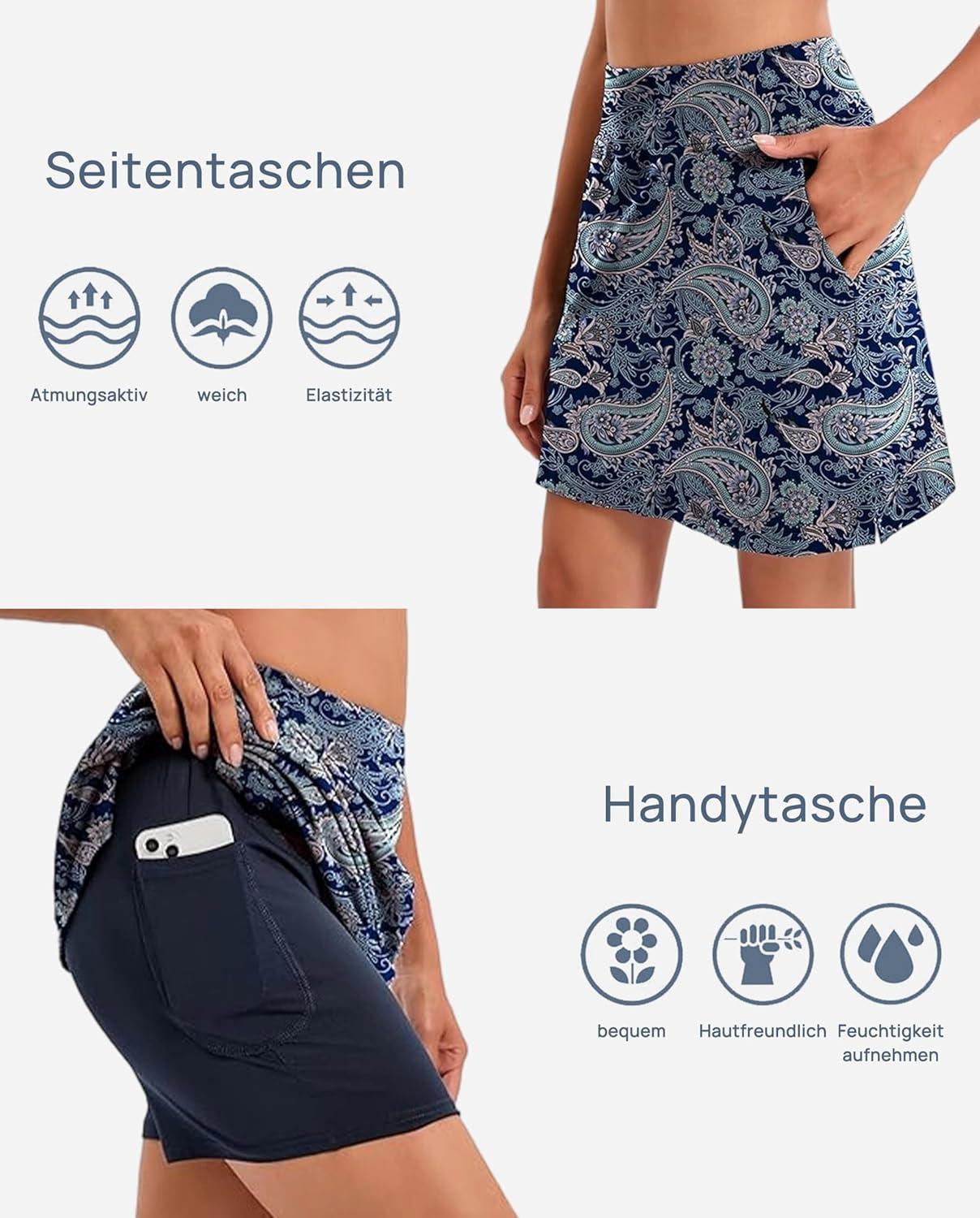 imageJupe de tennis pour femmes avec short courte avec poches pour le golf la randonne la course le cyclismePtales Bleus