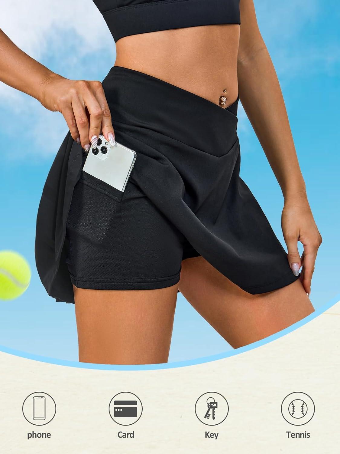 imageJupe de tennis plisse avec short pour femme Taille haute Jupe athltique de golf avec pochesNoir
