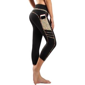 Flatik Legging de sport pour femme avec poches, extensible, taille haute, opaque, bleu, taille XXL(Arc-en-ciel/Noir (Capri 3/4))