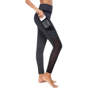Flatik Legging de sport pour femme avec poches, extensible, taille haute, opaque, bleu, taille XXL(Gris Foncé/Noir (0903))