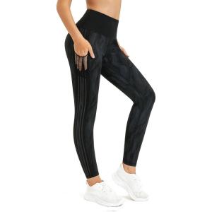 Flatik Legging de sport pour femme avec poches, extensible, taille haute, opaque, bleu, taille XXL(Imprimé/Noir)
