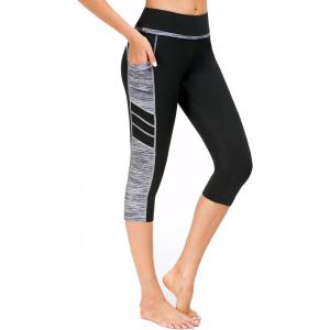 Flatik Legging de sport pour femme avec poches, extensible, taille haute, opaque, bleu, taille XXL(Noir Gris (3/4 Capri))