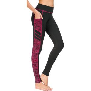 Flatik Legging de sport pour femme avec poches, extensible, taille haute, opaque, bleu, taille XXL(Noir Rouge (Pantalon Long))