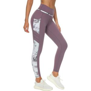 Flatik Legging de sport pour femme avec poches, extensible, taille haute, opaque, bleu, taille XXL(Violet/Imprimé)