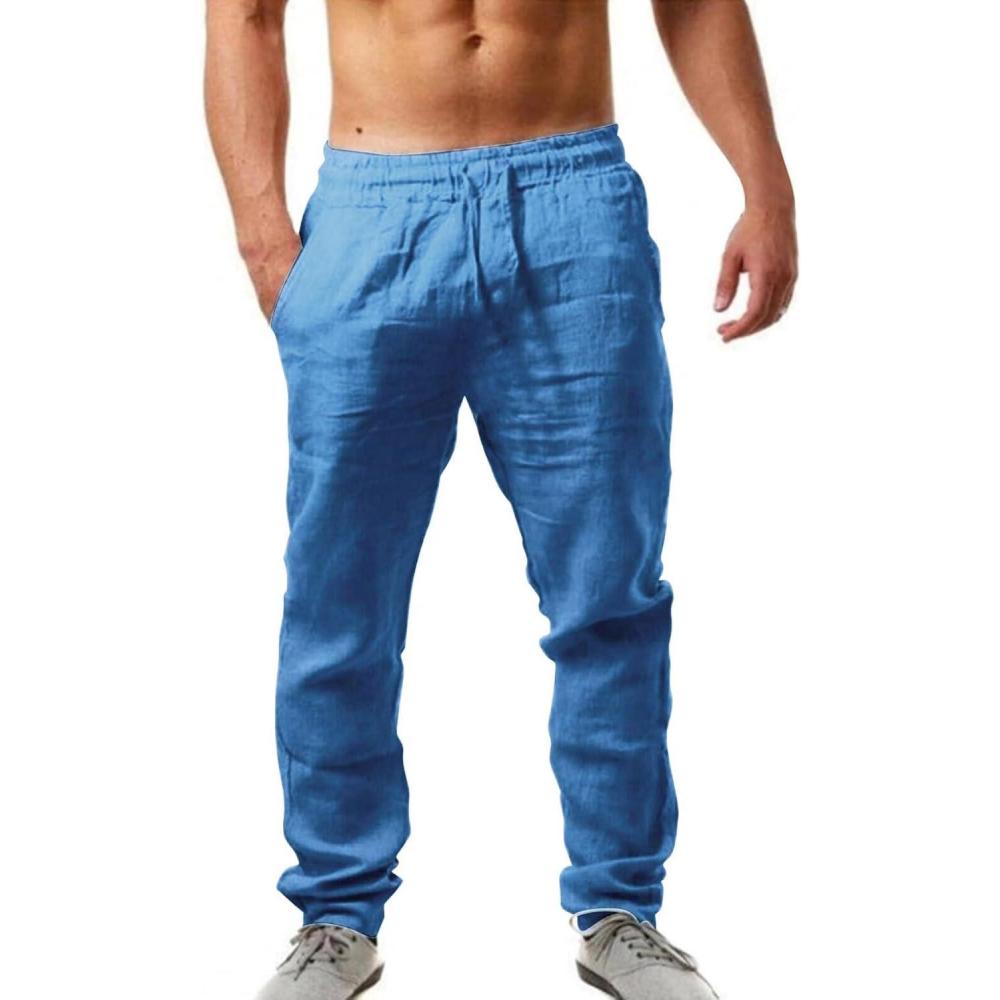 image:imagePantalon dcontract en lin pour homme Coupe ample lgre taille lastique convient pour le yoga les journes la plage et les loisirs dt1ebleu Fonc