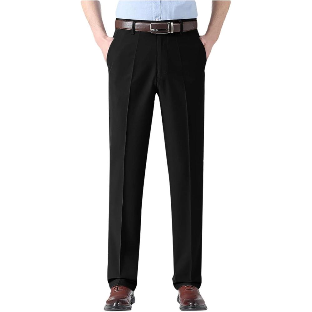 image:imagePantalon Homme Habill Pantalon De Travail Taille Haute Ample Large Classique Couleur Unie Costume Formel Pants avec Poches Obliques lastique Dcontract Daffairestube Chic Droit TrousersNoir