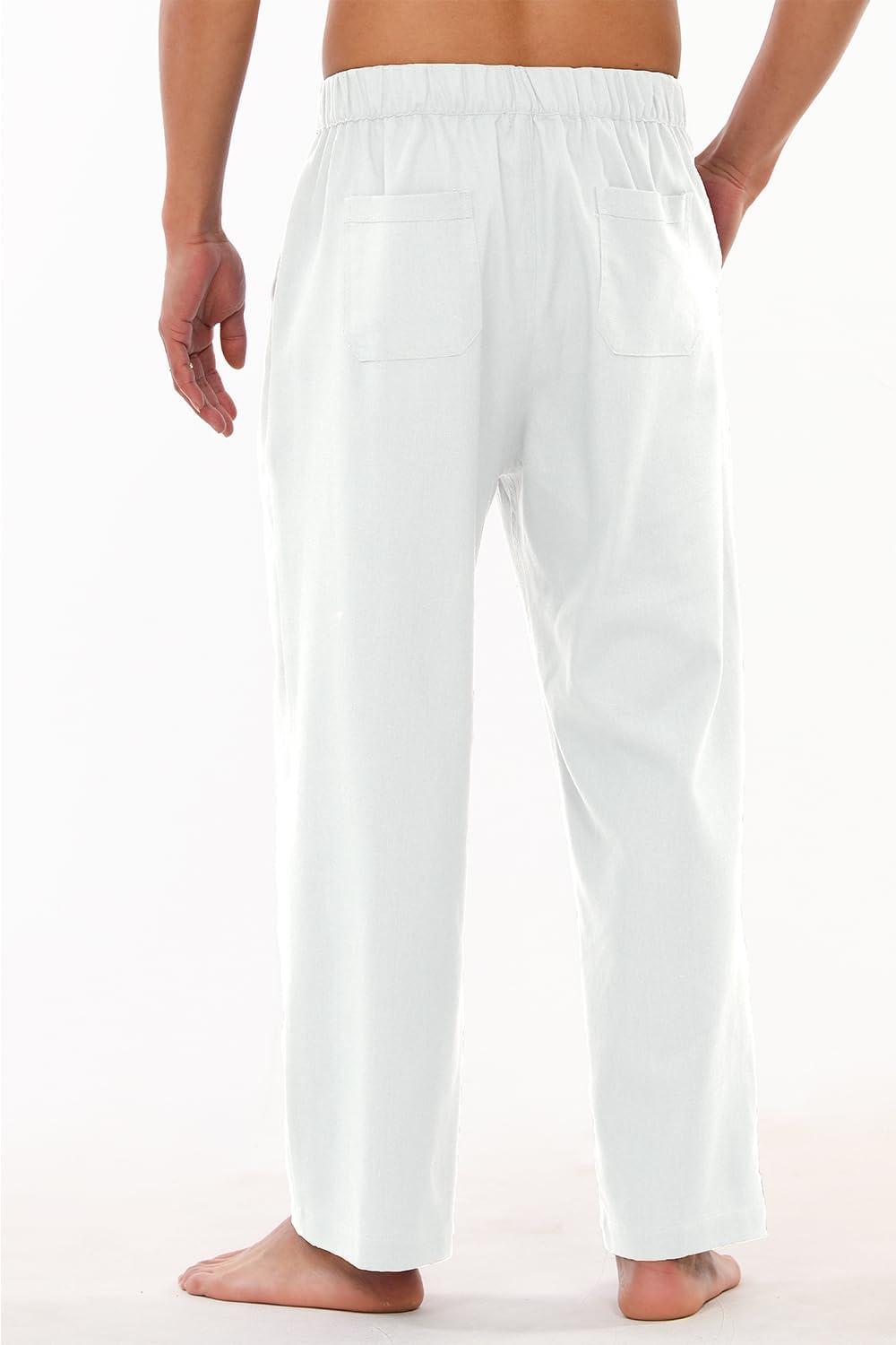 image:imagePantalon de plage ample en lin avec cordon de serrage pour homme Taille lastique Lger Pantalon de yoga Pantalon deB Blanc