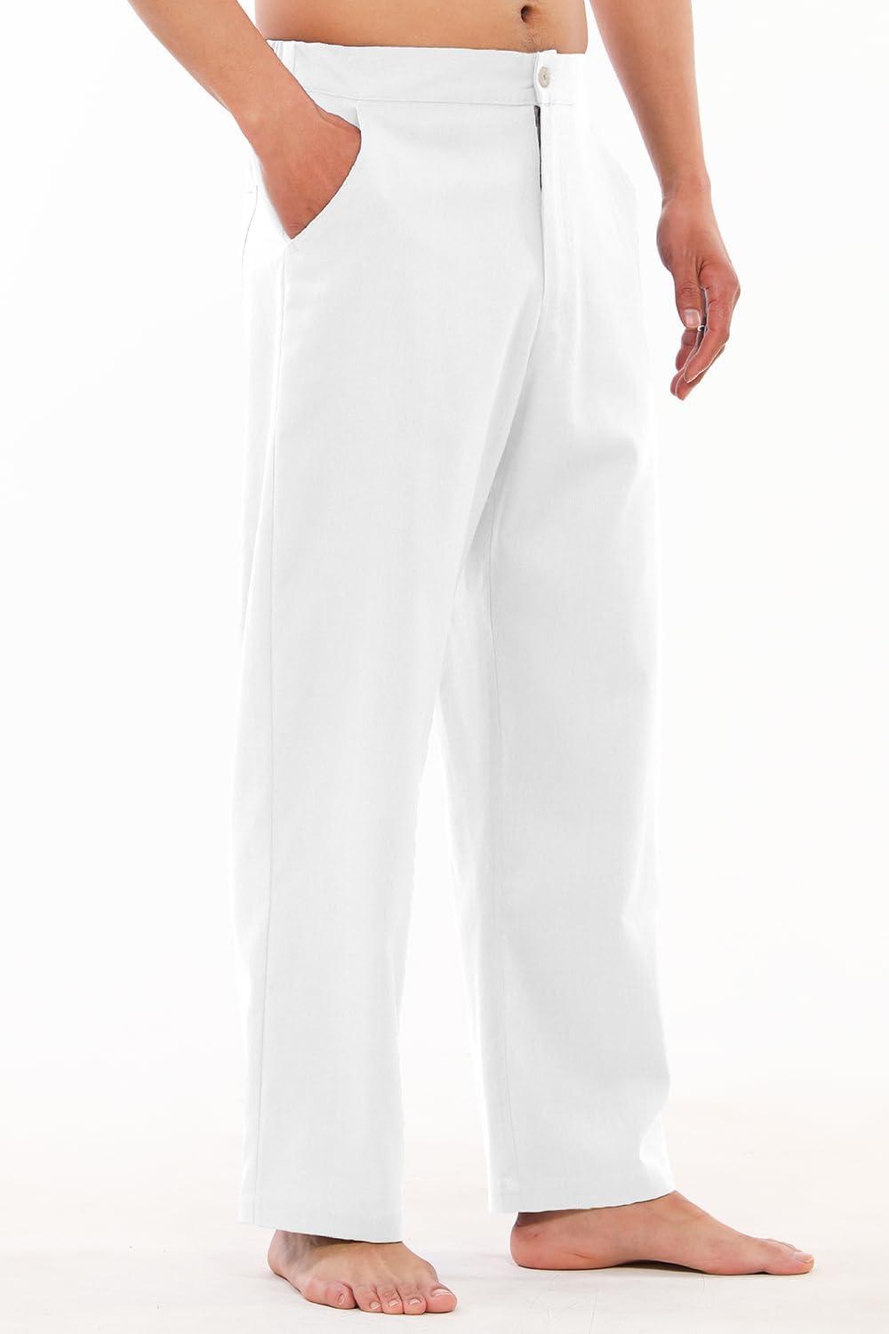 image:imagePantalon de plage ample en lin avec cordon de serrage pour homme Taille lastique Lger Pantalon de yoga Pantalon deB Blanc