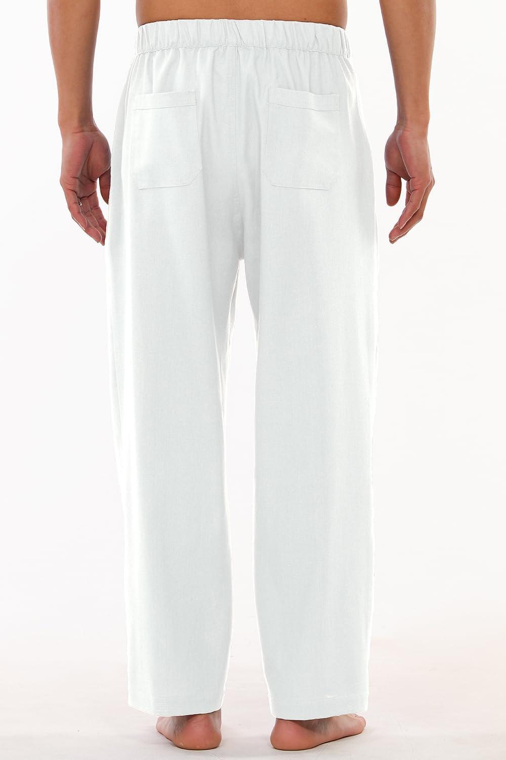 image:imagePantalon de plage ample en lin avec cordon de serrage pour homme Taille lastique Lger Pantalon de yoga Pantalon deB Blanc