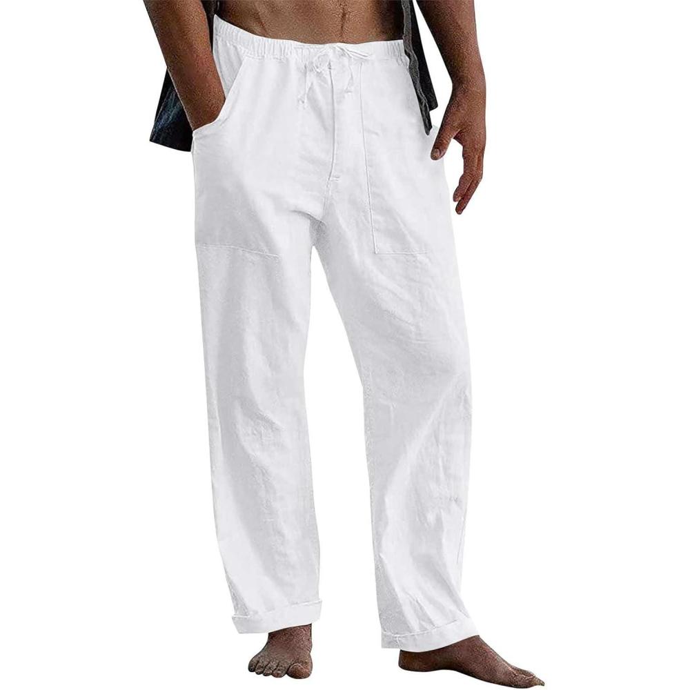 image:imagePantalon Lin Homme t Pantalons De Plage Dcontract Pantacourt Lger Taille Elastique Jogging Sport Yoga avec Poches01blanc