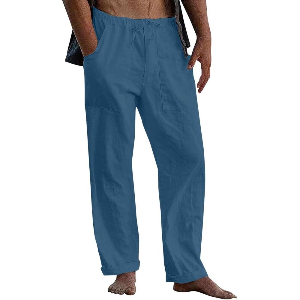 image:imagePantalon Lin Homme t Pantalons De Plage Dcontract Pantacourt Lger Taille Elastique Jogging Sport Yoga avec Poches01bleu Ciel