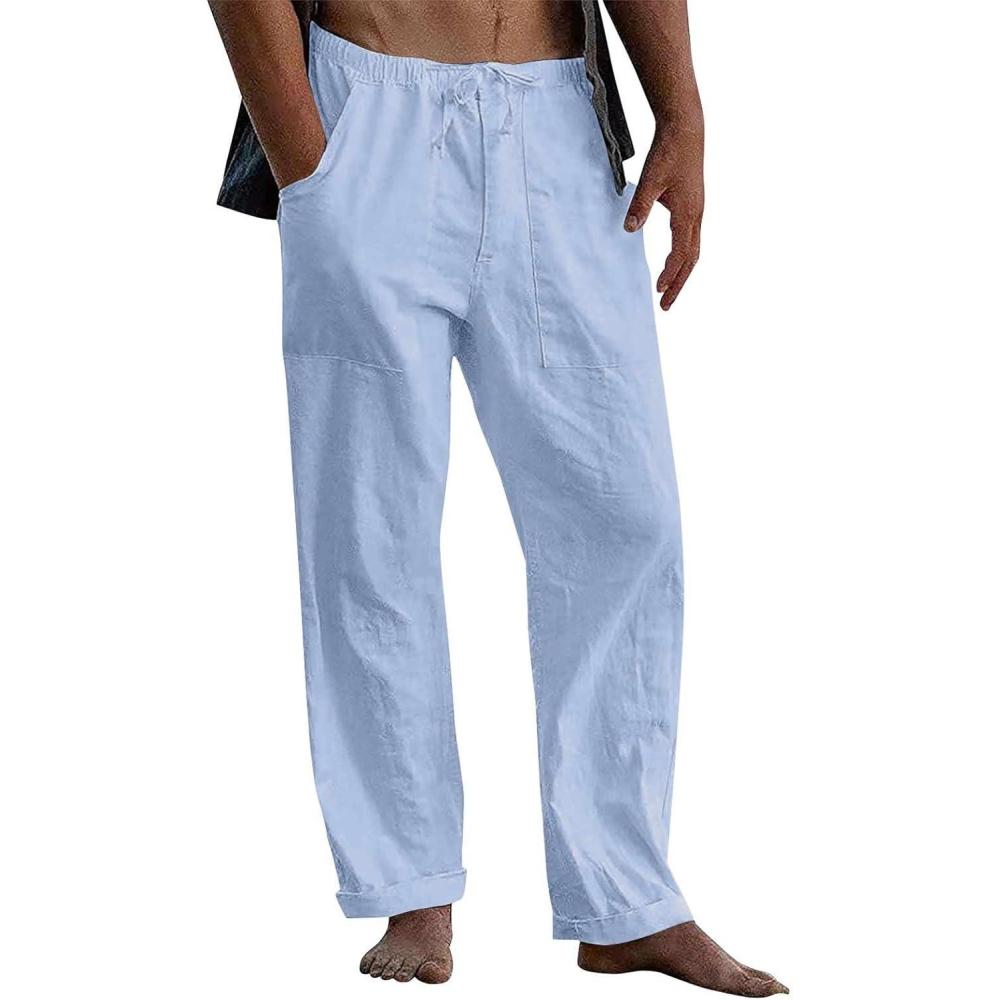 image:imagePantalon Lin Homme t Pantalons De Plage Dcontract Pantacourt Lger Taille Elastique Jogging Sport Yoga avec Poches01bleu Clair