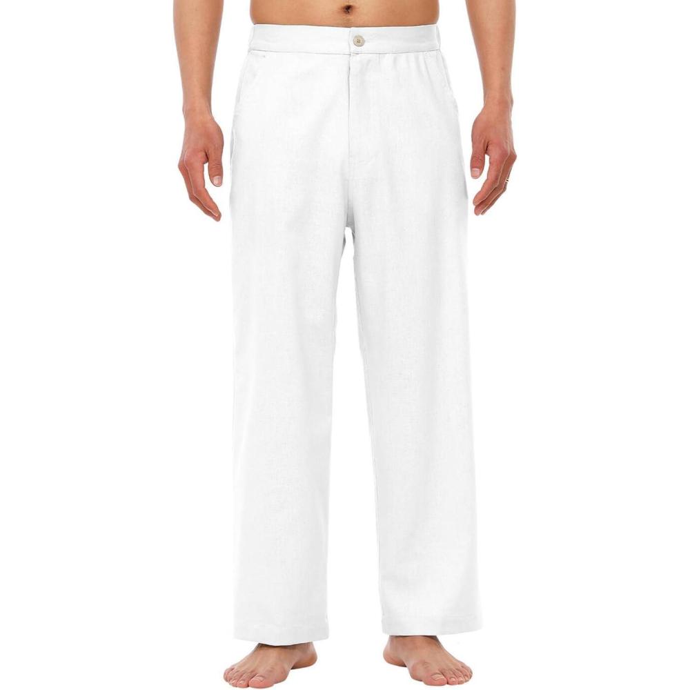 image:imagePantalon de plage ample en lin avec cordon de serrage pour homme Taille lastique Lger Pantalon de yoga Pantalon deB Blanc