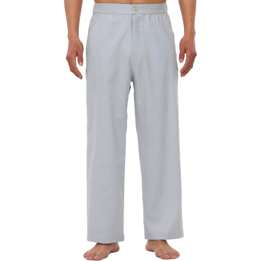 image:imagePantalon de plage ample en lin avec cordon de serrage pour homme Taille lastique Lger Pantalon de yoga Pantalon deGris Clair