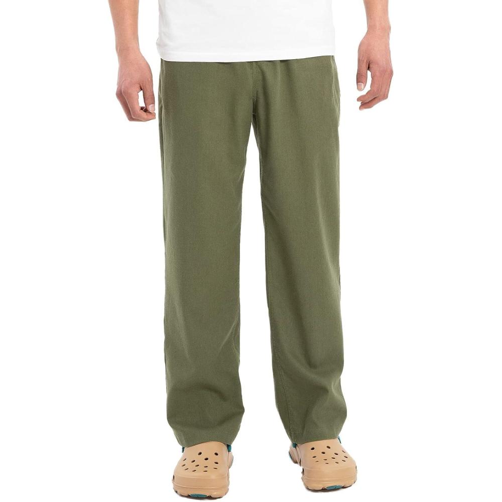image:imagePantalon de plage ample en lin avec cordon de serrage pour homme Taille lastique Lger Pantalon de yoga Pantalon deVert Militaire