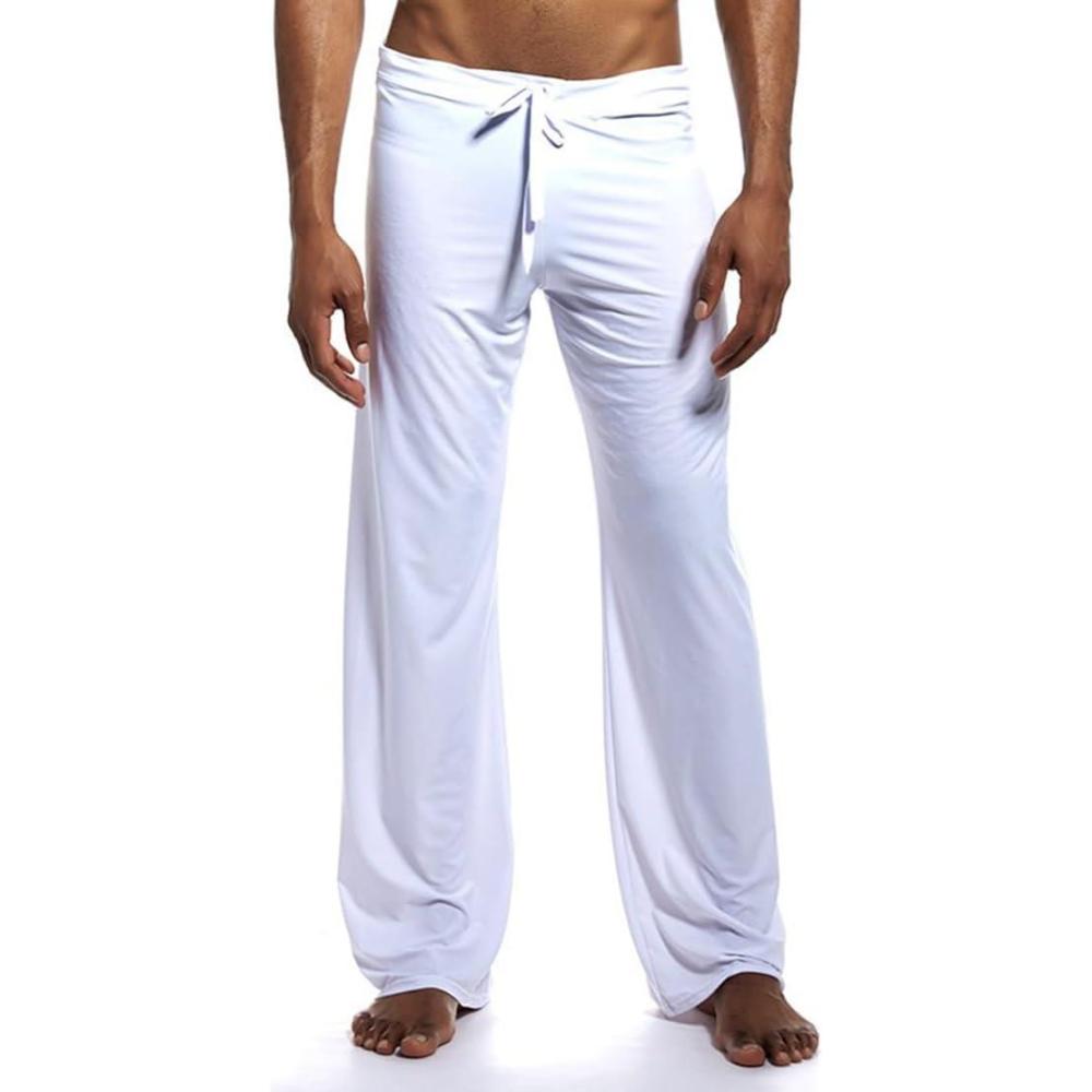 image:imageOuruikia Pantalon de pyjama Homme Doux Soyeux lisse Long pantalon de yoga Taille basse Elastique Cordon de serrage Pantalon de loisirs Pantalon dintrieurBlanc