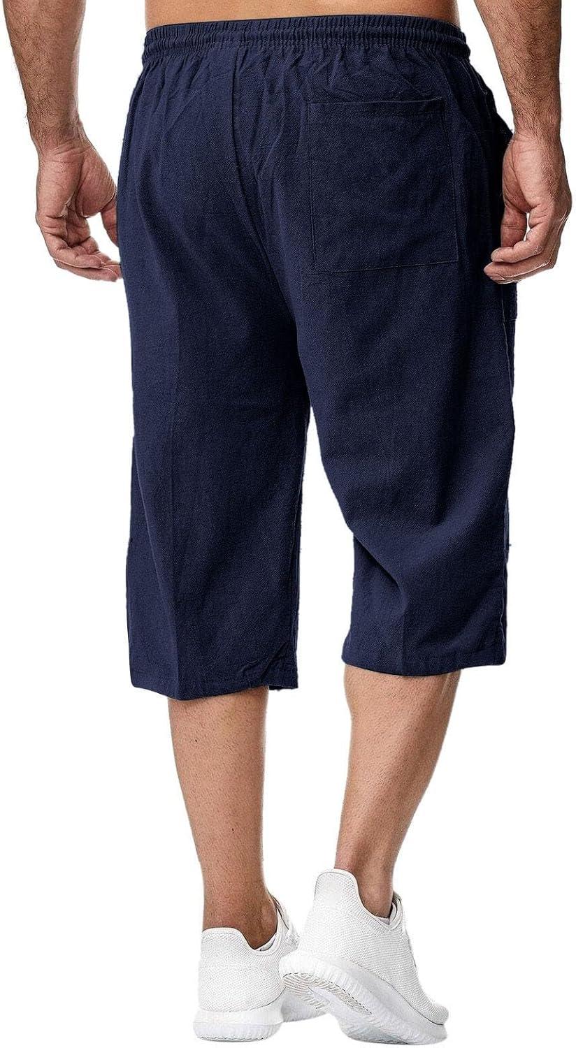 image:image2025 Short Lin et Bermuda Homme 34 Long Dt Pantacourt Coton pour La Plage Le Yoga Le Jogging Pantalon Taille Elastique DcontractA004 Bleu marine