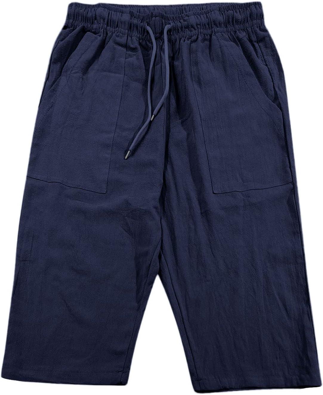 image:image2025 Short Lin et Bermuda Homme 34 Long Dt Pantacourt Coton pour La Plage Le Yoga Le Jogging Pantalon Taille Elastique DcontractA004 Bleu marine