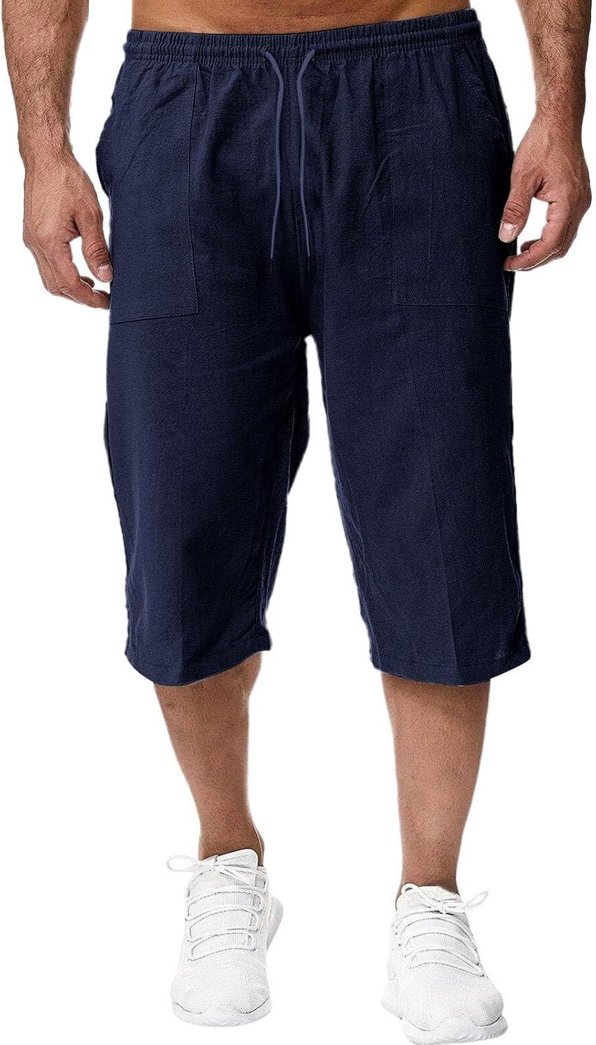 image:image2025 Short Lin et Bermuda Homme 34 Long Dt Pantacourt Coton pour La Plage Le Yoga Le Jogging Pantalon Taille Elastique DcontractA004 Bleu marine