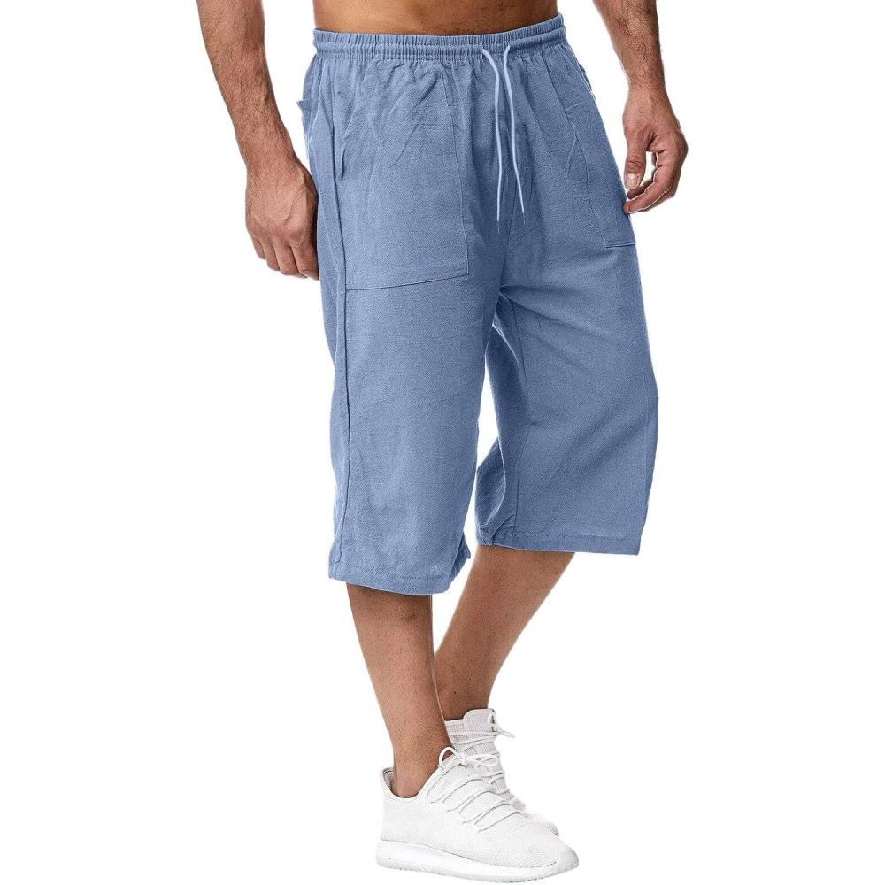 image:image2025 Short Lin et Bermuda Homme 34 Long Dt Pantacourt Coton pour La Plage Le Yoga Le Jogging Pantalon Taille Elastique DcontractA004 Bleu