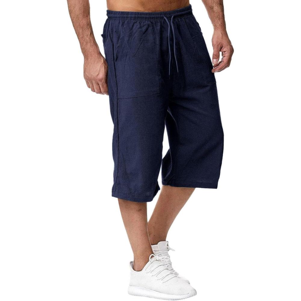 image:image2025 Short Lin et Bermuda Homme 34 Long Dt Pantacourt Coton pour La Plage Le Yoga Le Jogging Pantalon Taille Elastique DcontractA004 Bleu marine