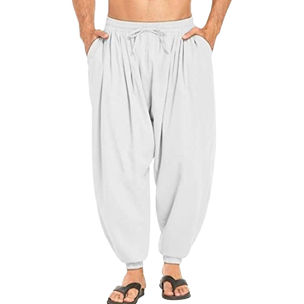 image:imagePantalon Sarouel en Lin pour Homme Taille lastique Cordon de Serrage Ample vtements dt Plage bohme YogaBlanc