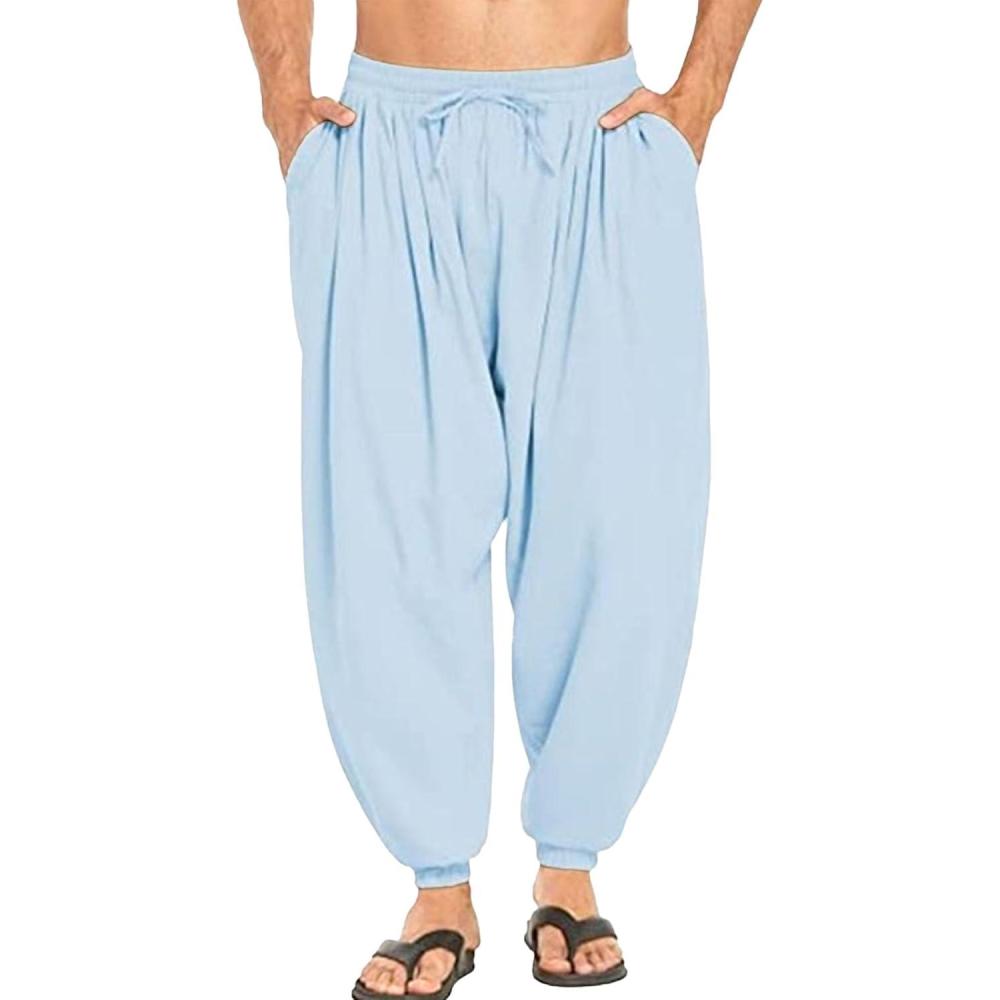 image:imagePantalon Sarouel en Lin pour Homme Taille lastique Cordon de Serrage Ample vtements dt Plage bohme YogaBleu