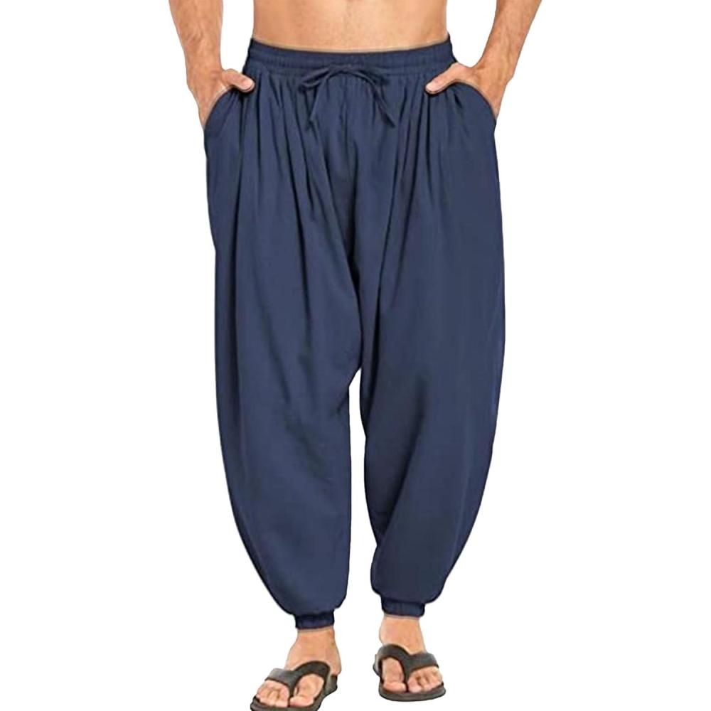 image:imagePantalon Sarouel en Lin pour Homme Taille lastique Cordon de Serrage Ample vtements dt Plage bohme YogaBleu Marine