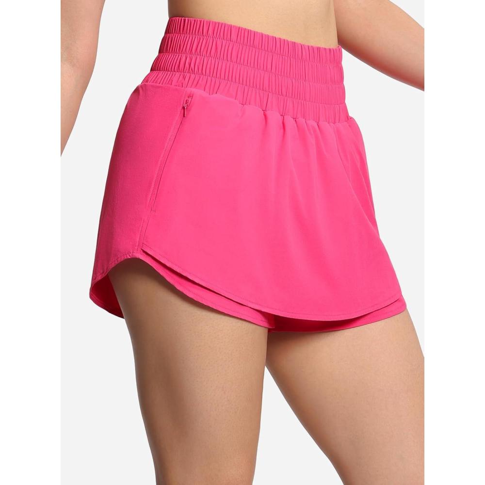 image:imageShort de sport pour femme Taille lastique Schage rapide Jupeshort dentranement de tennis avec doublure en maille et poches zippesRose Vif