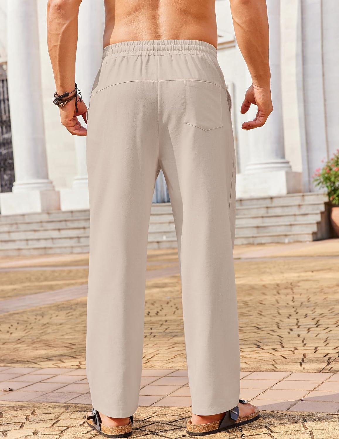 image:imageCOOFANDY Pantalon Homme Lin Pantalons t de Plage Casual Yoga Pants avec Cordon Leger Pantalon Dcontract ElastiqueKaki Clair