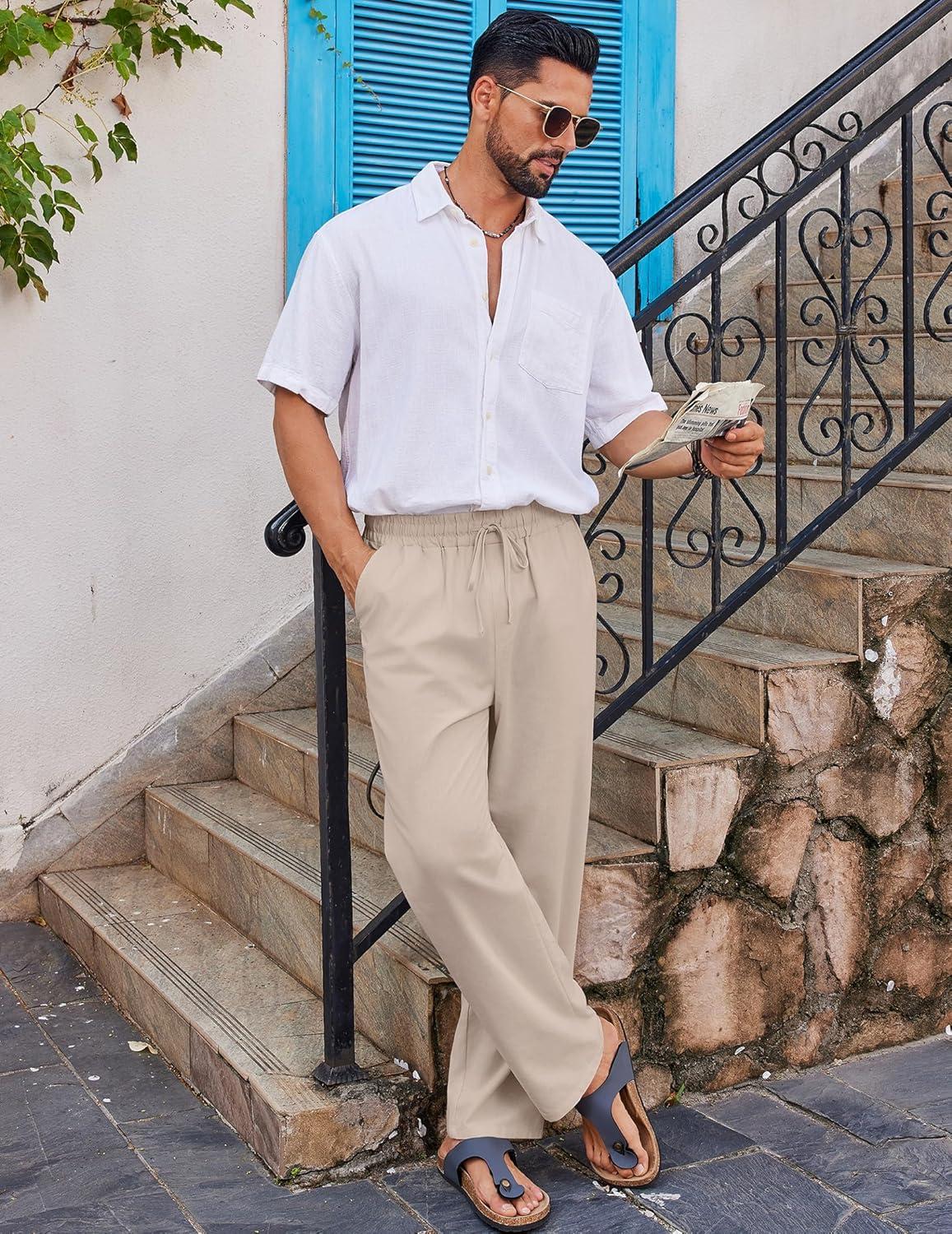 image:imageCOOFANDY Pantalon Homme Lin Pantalons t de Plage Casual Yoga Pants avec Cordon Leger Pantalon Dcontract ElastiqueKaki Clair