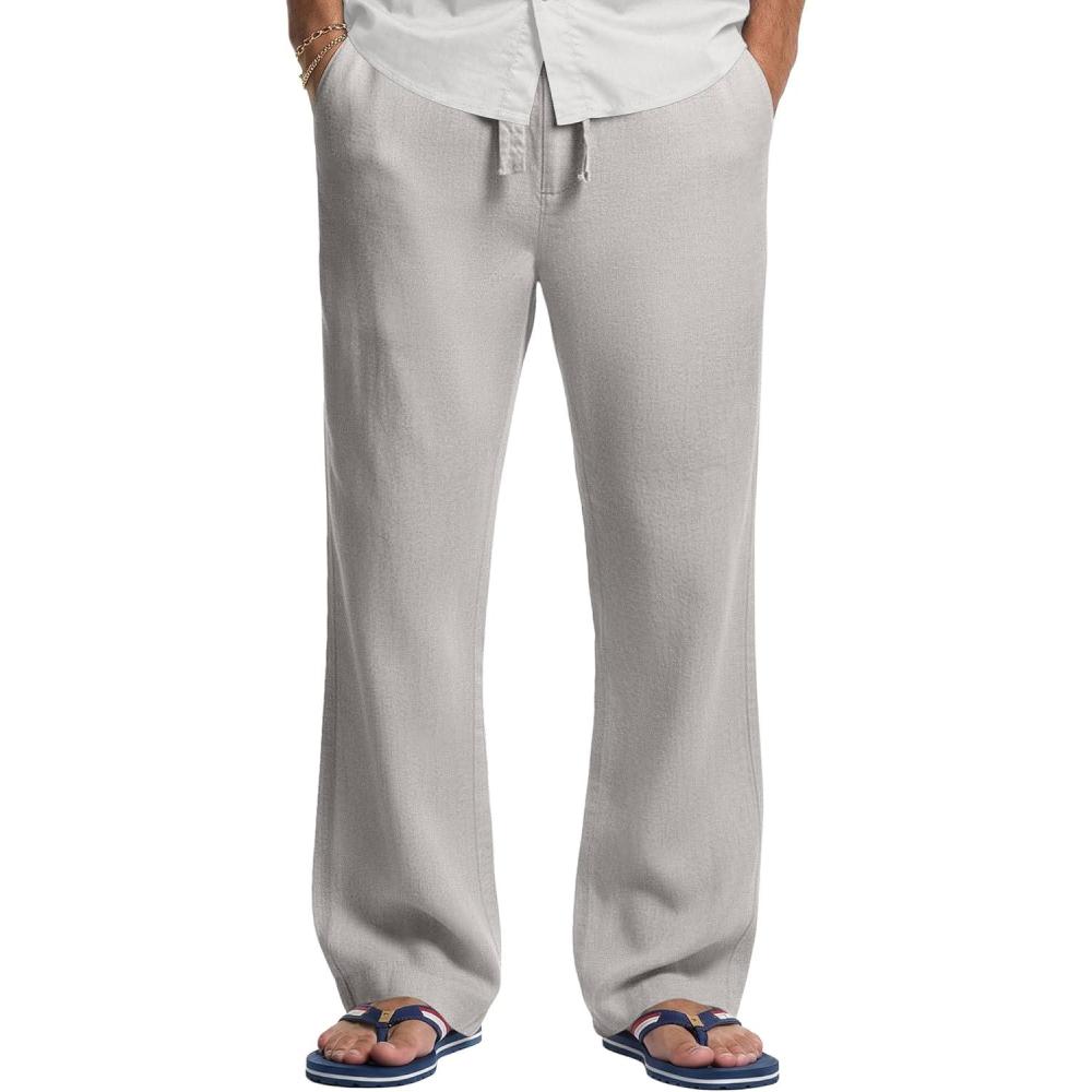 image:imageCOOFANDY Pantalon Homme Lin Pantalons t de Plage Casual Yoga Pants avec Cordon Leger Pantalon Dcontract ElastiqueGris Clair