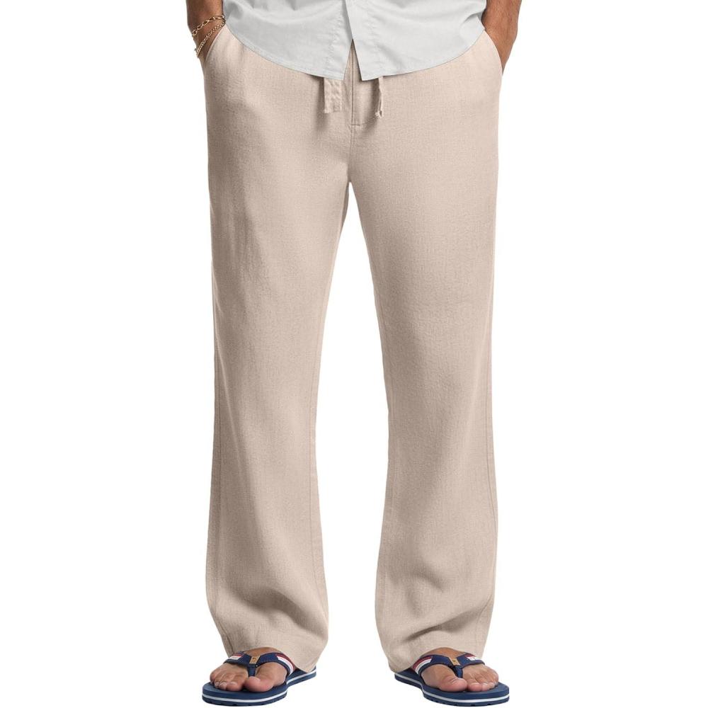 image:imageCOOFANDY Pantalon Homme Lin Pantalons t de Plage Casual Yoga Pants avec Cordon Leger Pantalon Dcontract ElastiqueKaki Clair